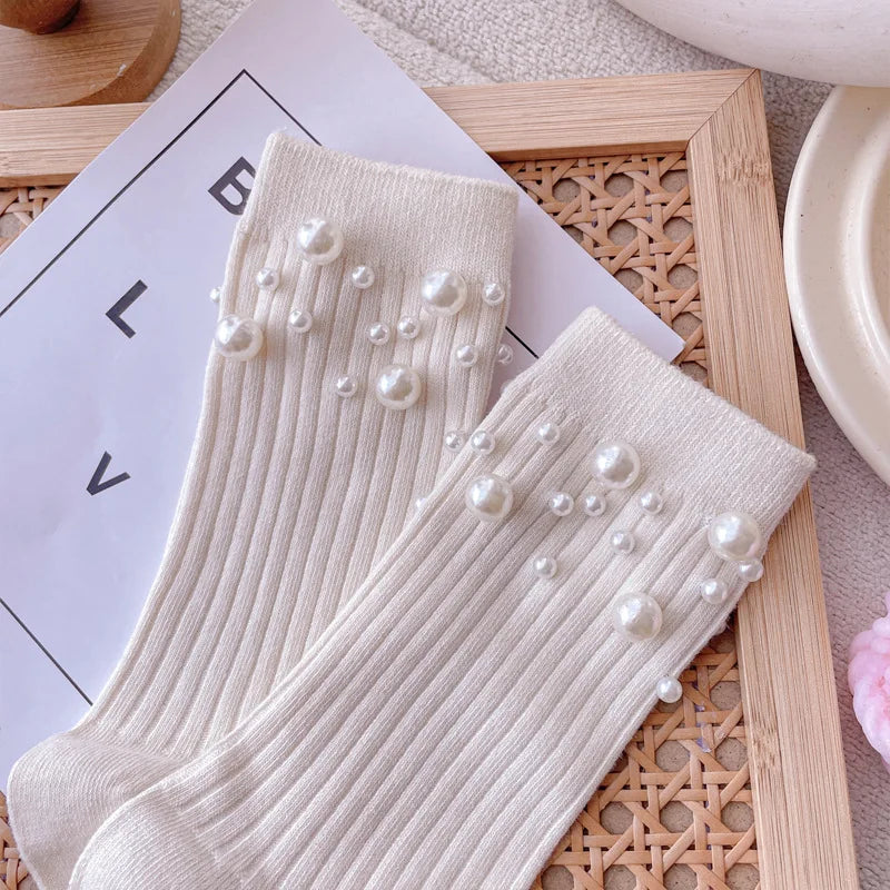 1 Pair of Women's Fashionable Pearl Decorative Socks, Cute Princess Style Mid Calf Korean Style Socks, Clothing Accessories Peaceful Pleasures Health and Wellness Ivory One Size
