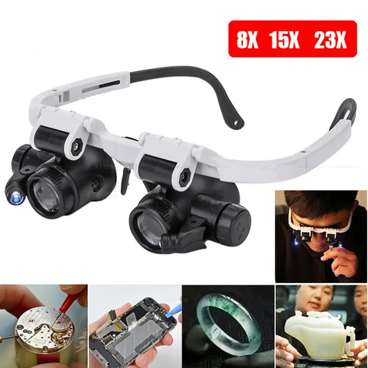 2XLED Watch Jeweler Repair Magnifier Head-Mounted Headband Adjustable Magnifying Head Eye Glasses Loupe Lens 8X 15X 23X Peaceful Pleasures Health and Wellness Black and White
