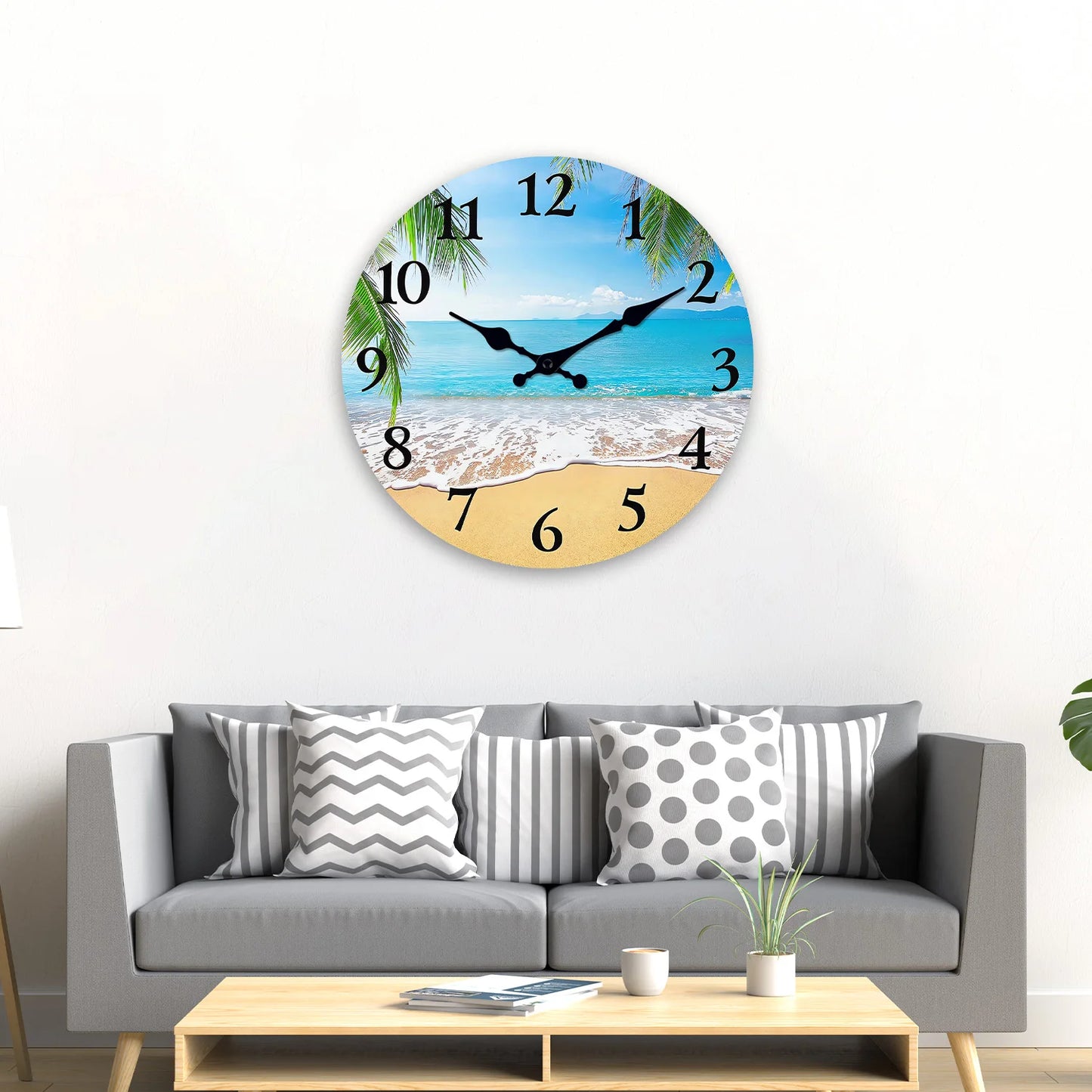 Light Luxury Beach Pattern Wooden Wall Clock for Living Room, Bedroom, Kitchen, Home Decoration, Silent Quartz Clock, Holiday Gift, 10 Inches, 12 Inches (No Battery) Peaceful Pleasures Health and Wellness