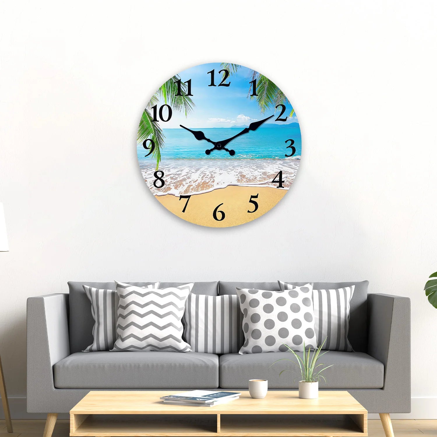 Light Luxury Beach Pattern Wooden Wall Clock for Living Room, Bedroom, Kitchen, Home Decoration, Silent Quartz Clock, Holiday Gift, 10 Inches, 12 Inches (No Battery) Peaceful Pleasures Health and Wellness