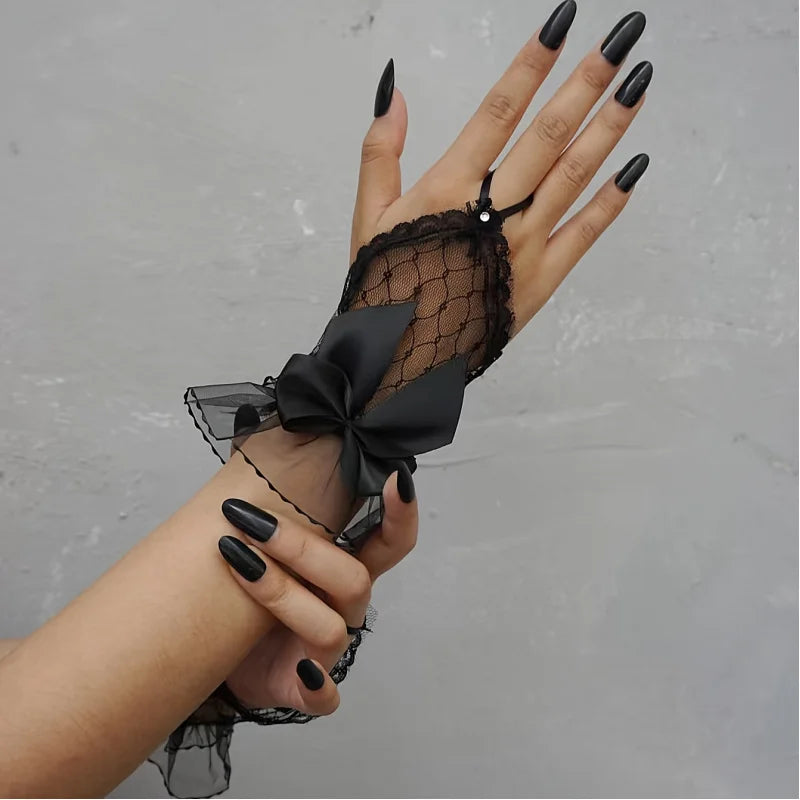 A pair of blackY2KPunk style fingerless gloves，With bowknot and lace details - Non-elastic Texture Design，Suitable for women's d Peaceful Pleasures Health and Wellness