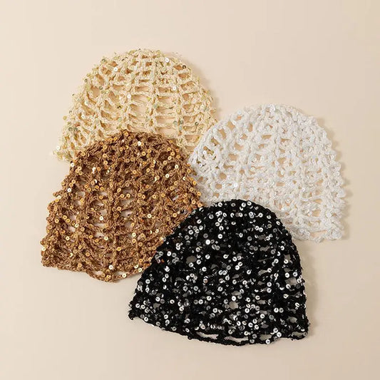 Y2K Sparkly Sequin Knit Beanie Hat – Sheer Hollow Party Cap Sequin Knit Beanie Oasis Select