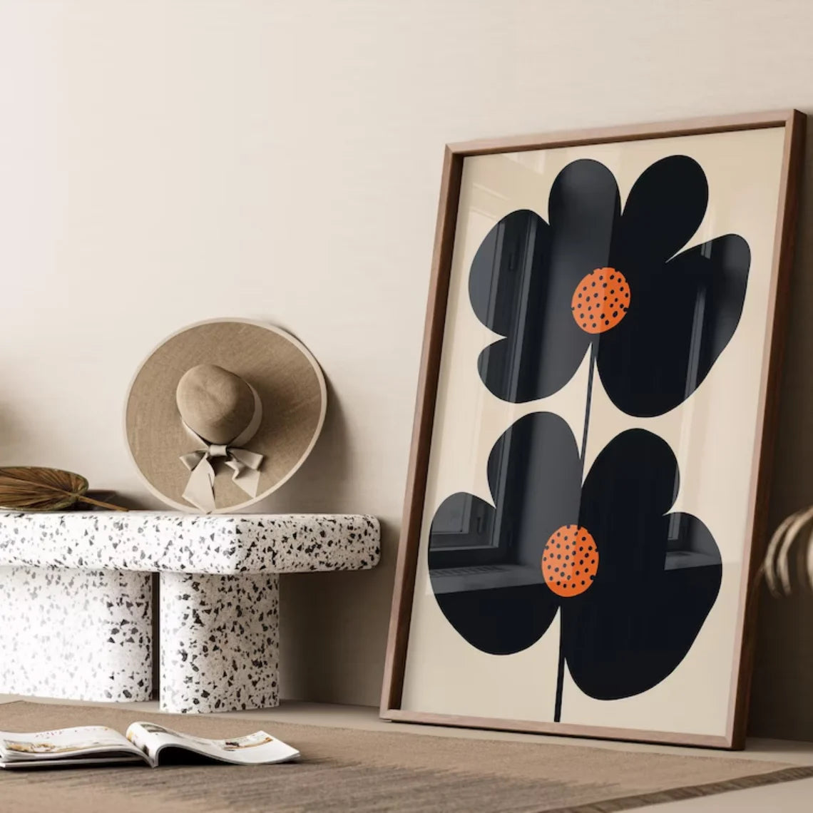 "Mid-Century Modern Minimalist Floral Art Print: Bold Black Double-Flower Design with Playful Orange Polka-Dot Centers, Perfect Peaceful Pleasures Health and Wellness