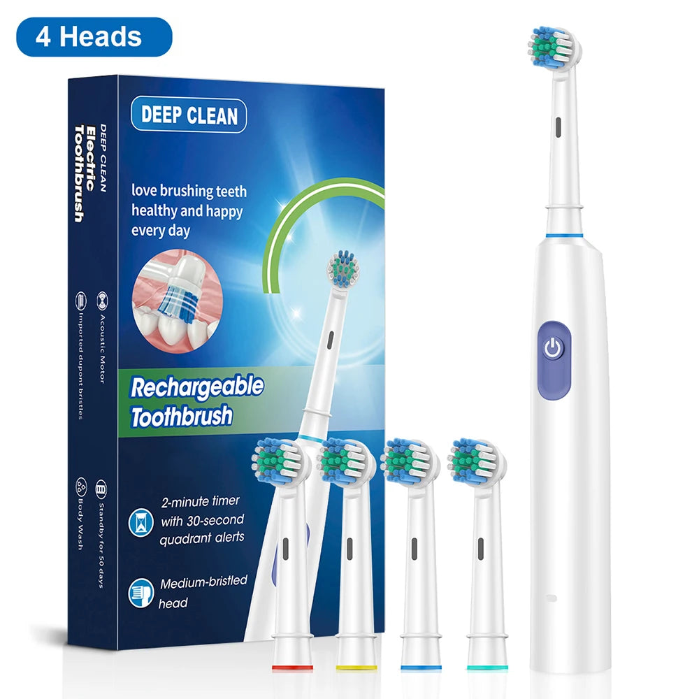 Electric Toothbrush Rotary Rechargeable Electric Toothbrush for Adults Rotating Electric Toothbrushes with 8 Soft Brush Heads Peaceful Pleasures Health and Wellness White 4 Heads