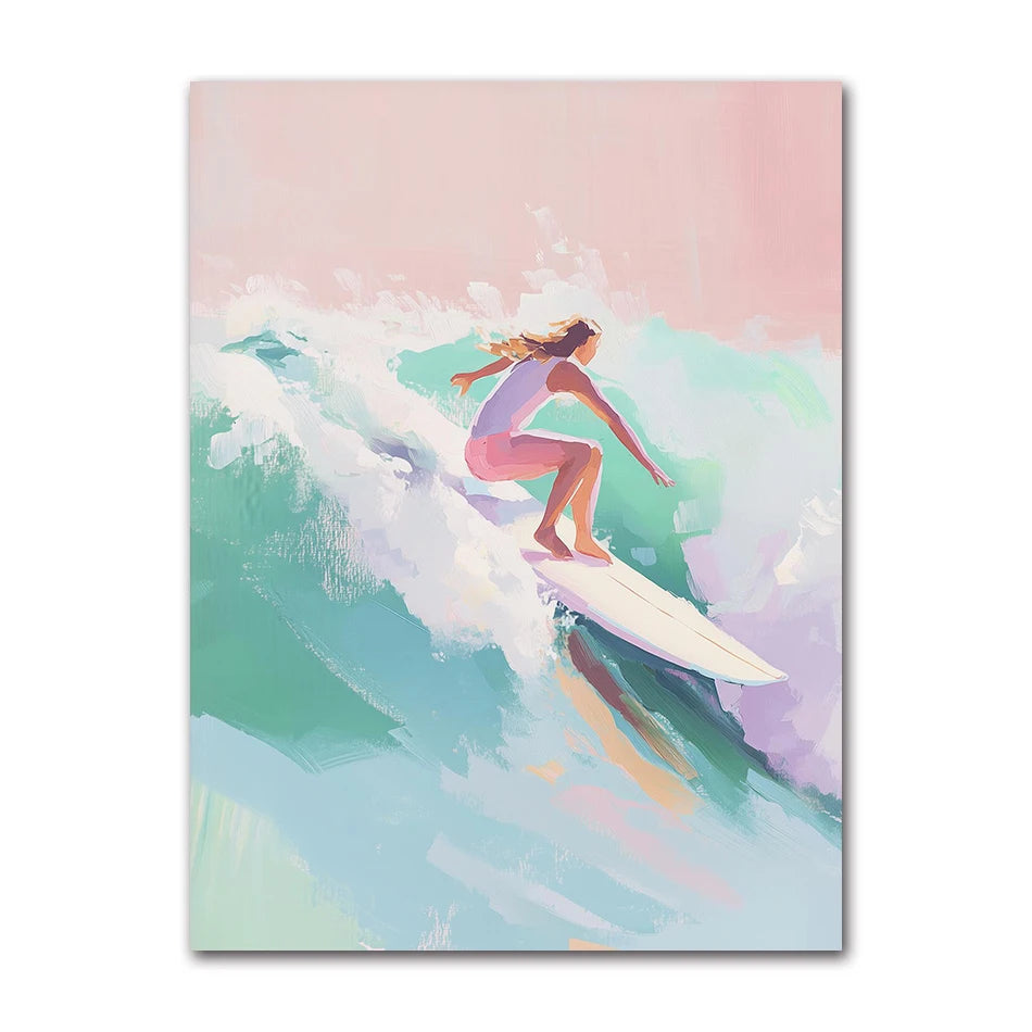 Beach Surfing Canvas Wall Art | Summer Seaside Poster Print Canvas Wall Art Peaceful Pleasures Health and Wellness
