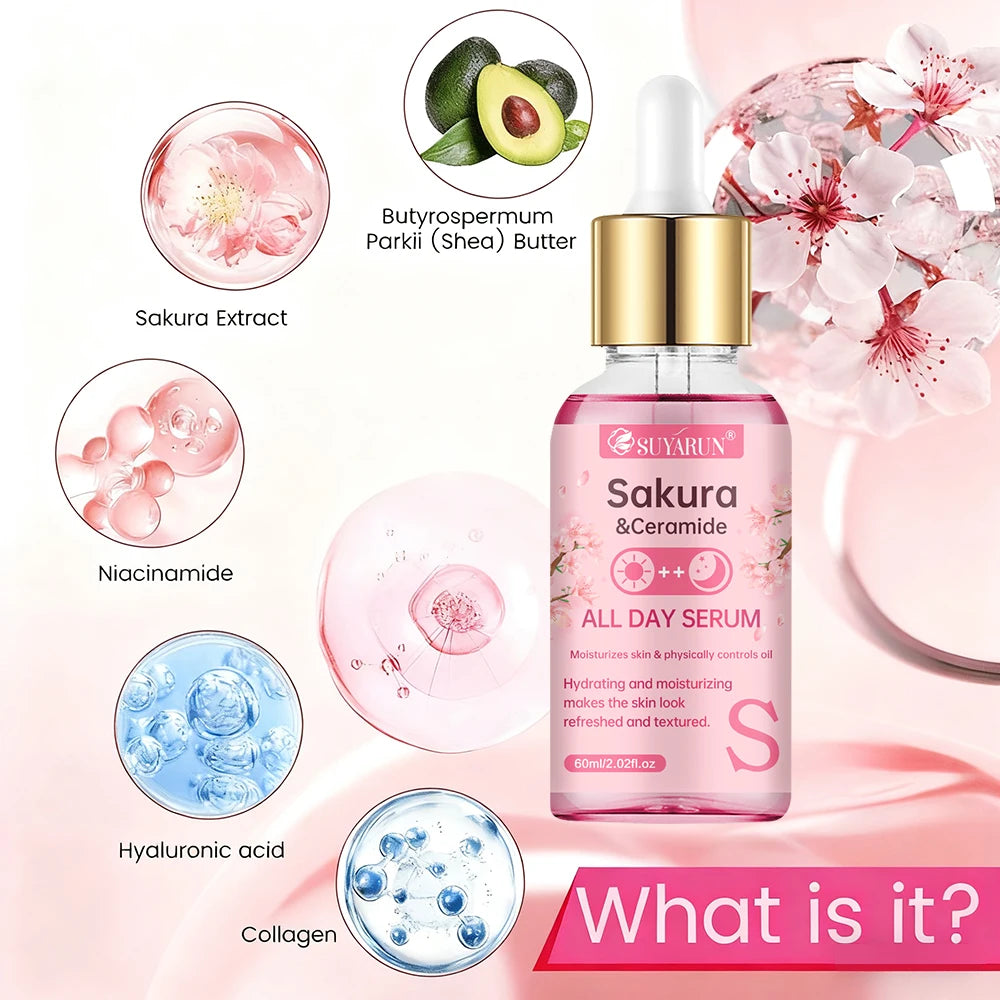 SUYARUN Sakura & Ceramide Essence Serum Anti-Aging Hydrating Facial Treatment for Glowing Skin. Peaceful Pleasures Health and Wellness