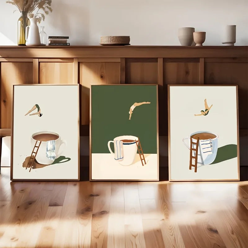 3-Piece Funny Coffee Diver Canvas Wall Art Set | Unframed Canvas Wall Art Set Peaceful Pleasures Health and Wellness