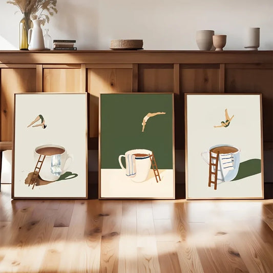 3-Piece Funny Coffee Diver Canvas Wall Art Set | Unframed Canvas Wall Art Set Peaceful Pleasures Health and Wellness