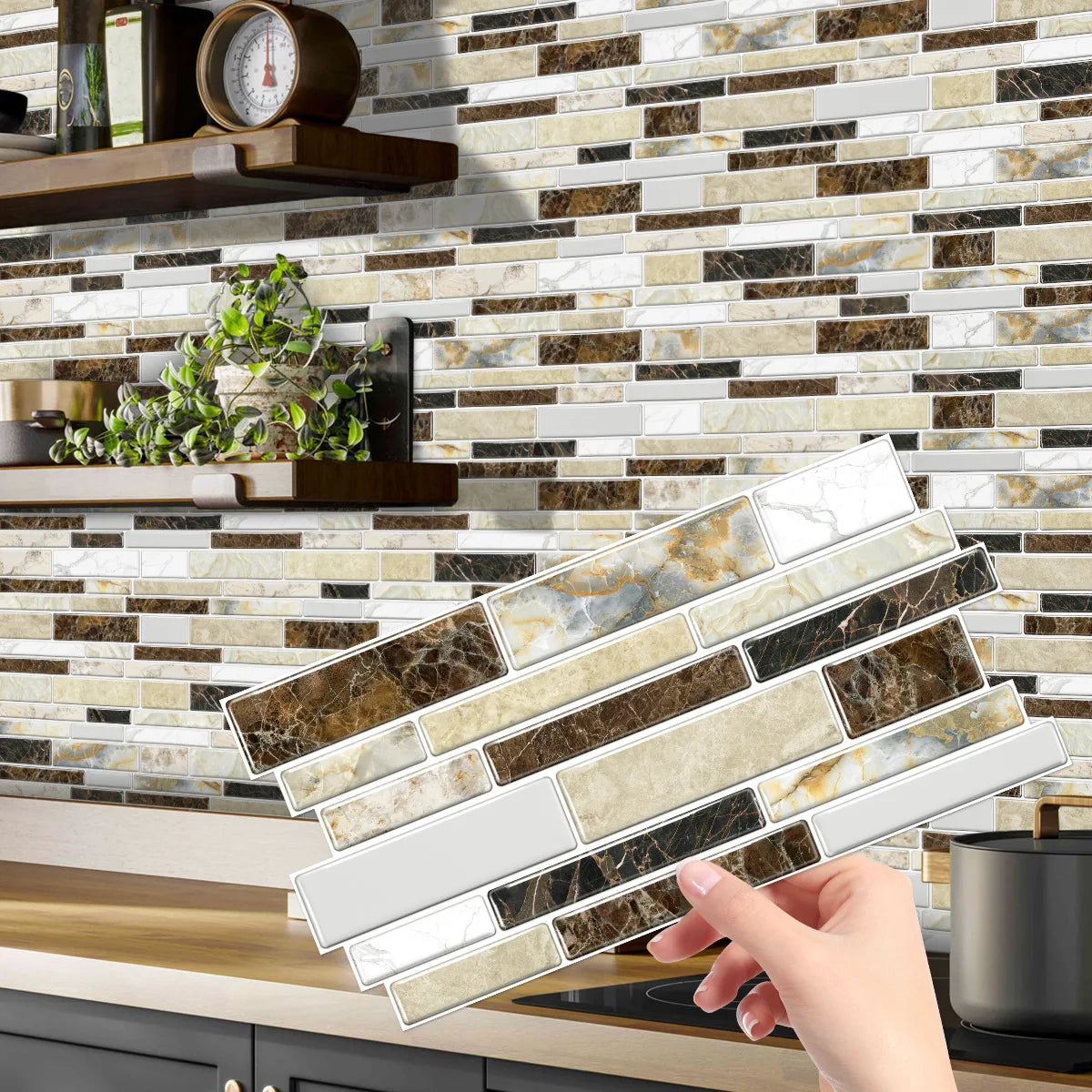 Crystal Film Marble Tile Wall Sticker, Waterproof and Oil-resistant Kitchen Bathroom Wall Decal, Self-adhesive Home Decor Peaceful Pleasures Health and Wellness XY-HTP-05 12x24.6cmx12pcs