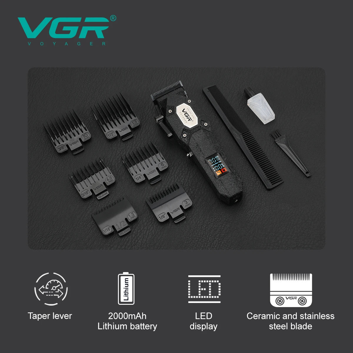 VGR electric men's hair clipper LED intelligent digital hair trimmer frosted multi gear adjustable electric push shear V-600B Peaceful Pleasures Health and Wellness