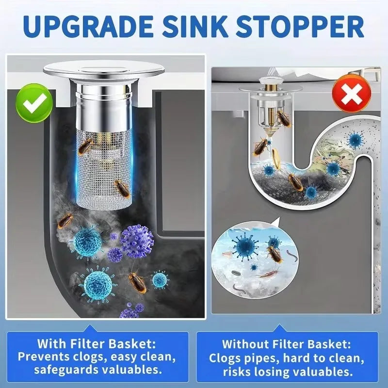 Stainless Steel Press Drain Stopper – Odor Proof Sink Plug