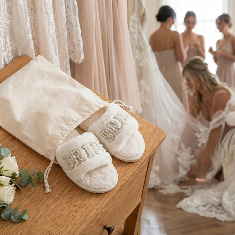 Bride Pearl Letters Fluffy Slippers | Bridal Wedding Gift Bridal Fluffy Slippers Peaceful Pleasures Health and Wellness