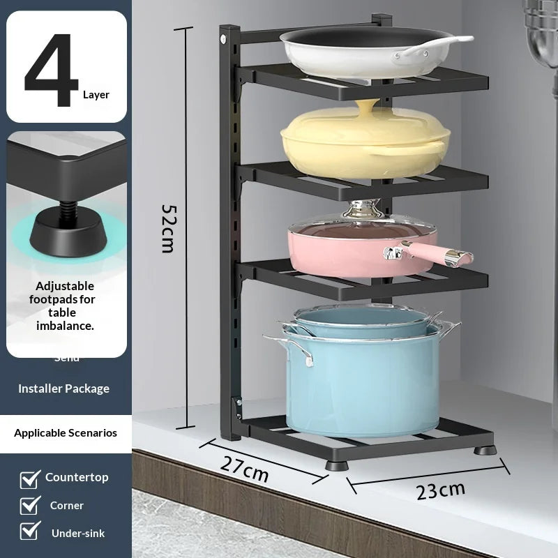Adjustable Thickened Multi Layer Pot Pan Lid Storage Rack Under Sink Corner Cabinet Space Saving Organizer for Home Kitchen Peaceful Pleasures Health and Wellness 4 Layers