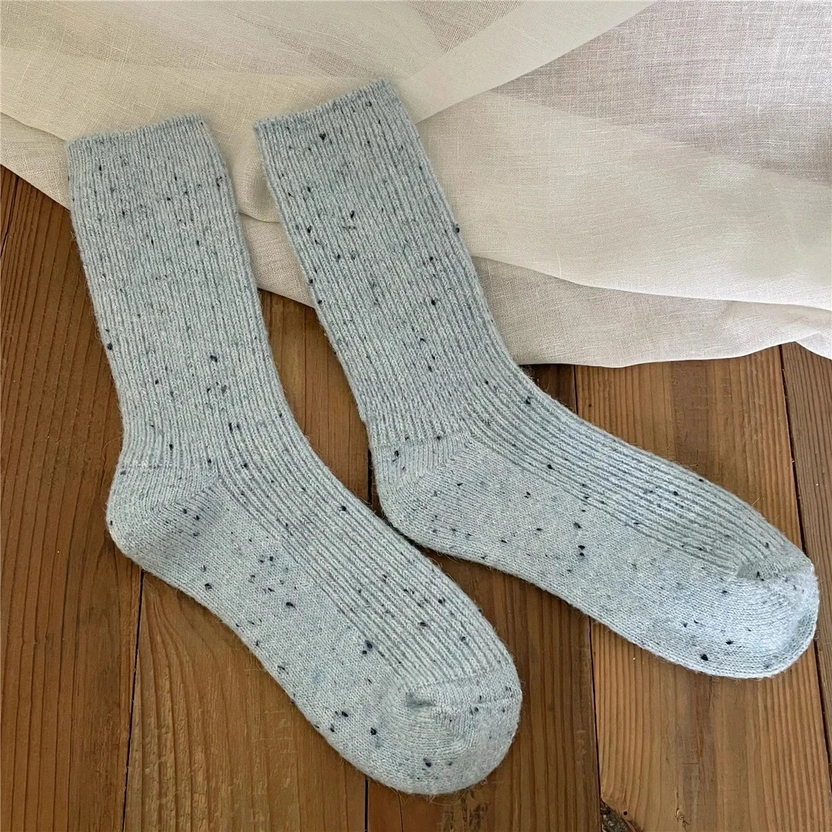 Thick Dotted Wool Socks for Autumn Winter Solid Color Japanese Mid Tube Pile Socks Cashmere Confinement Socks Thick and Sturdy Peaceful Pleasures Health and Wellness Blue One Size