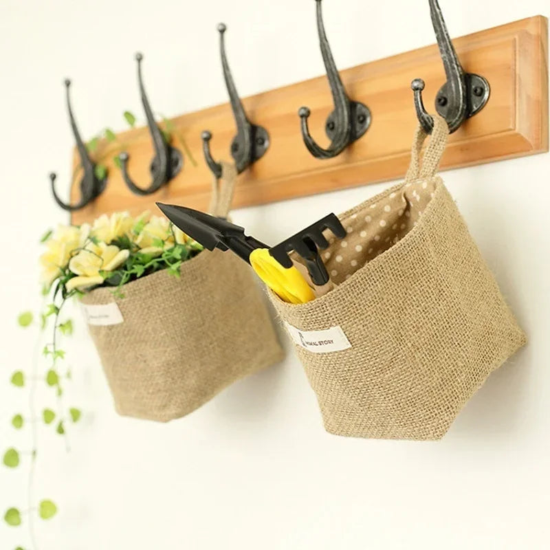 Desktop Jute Storage Bag Cotton Linen Basket Sundries Box Handle