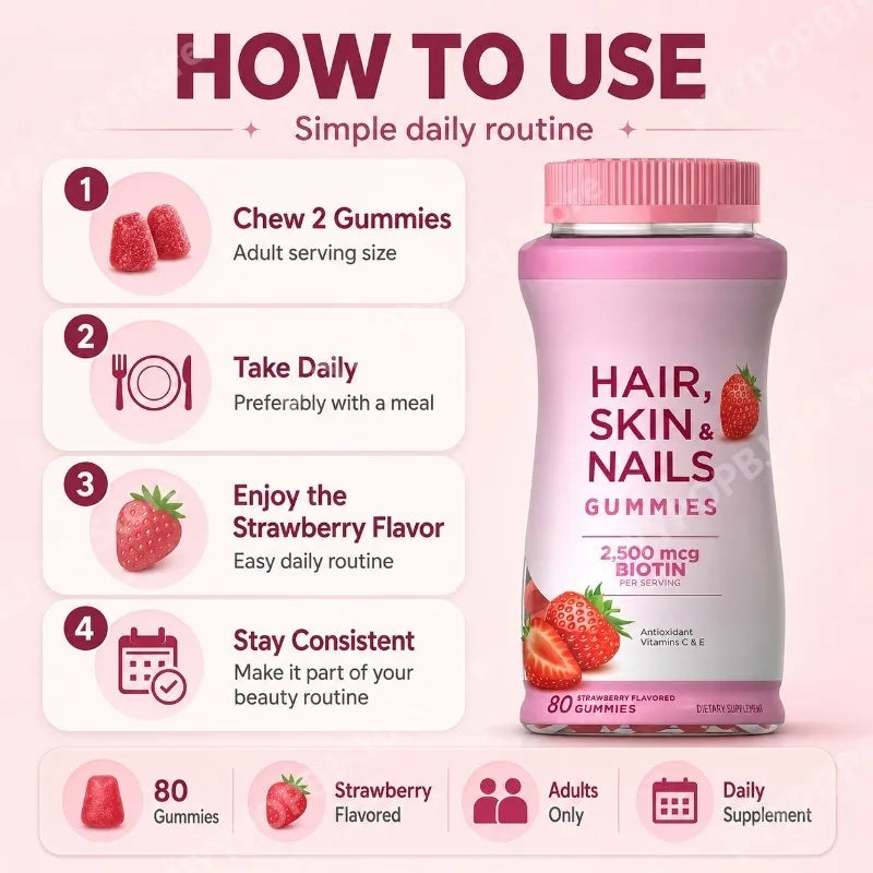 Hair Skin & Nails Gummies | Biotin 2500mcg Vitamins A C E – 80ct