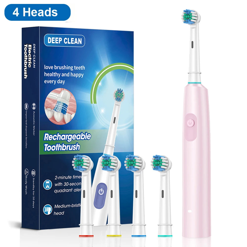 Electric Toothbrush Rotary Rechargeable Electric Toothbrush for Adults Rotating Electric Toothbrushes with 8 Soft Brush Heads Peaceful Pleasures Health and Wellness Pink 4 Heads