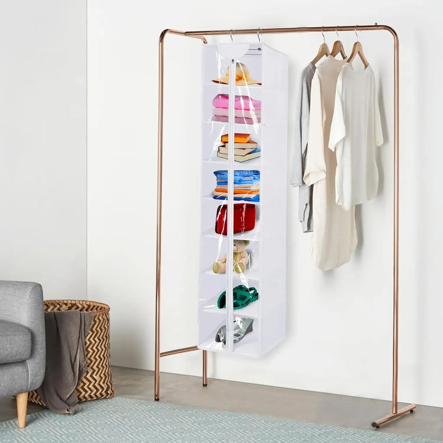 8-Shelf Hanging Closet Organizer with Zipper, Breathable Storage for Sweaters, Shoes, and More in White Peaceful Pleasures Health and Wellness