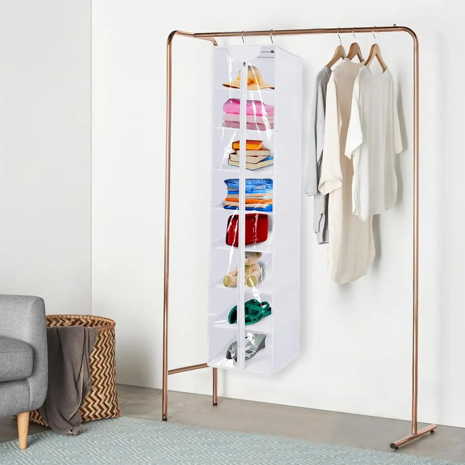 8-Shelf Hanging Closet Organizer with Zipper, Breathable Storage for Sweaters, Shoes, and More in White Peaceful Pleasures Health and Wellness