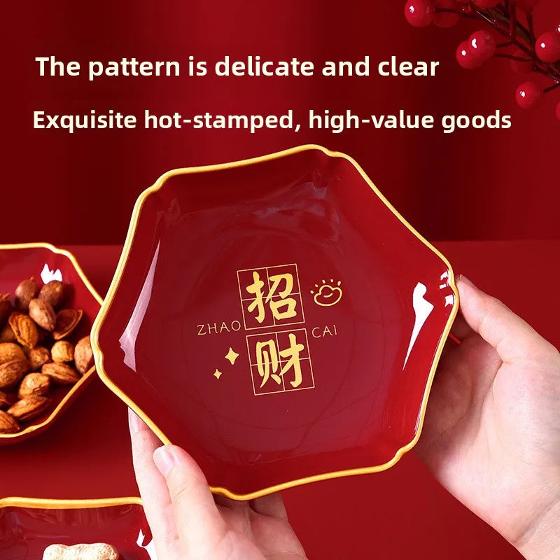 Hexagonal Fruit Plate Nafu Zhaocai Series Melamine Material New Year's Wedding Home High End Gold Edged Dried Fruit Snack Plate Peaceful Pleasures Health and Wellness