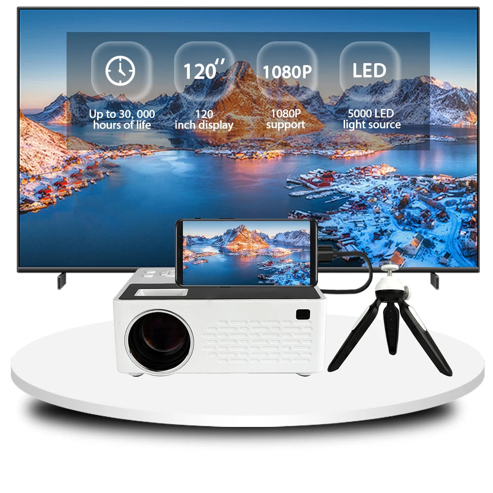 Besus J12C Pro Mini Portable Projector, 1080P Full HD, connects to your cell phone, 120 inch large screen projection for indoor. Peaceful Pleasures Health and Wellness white UK Plug