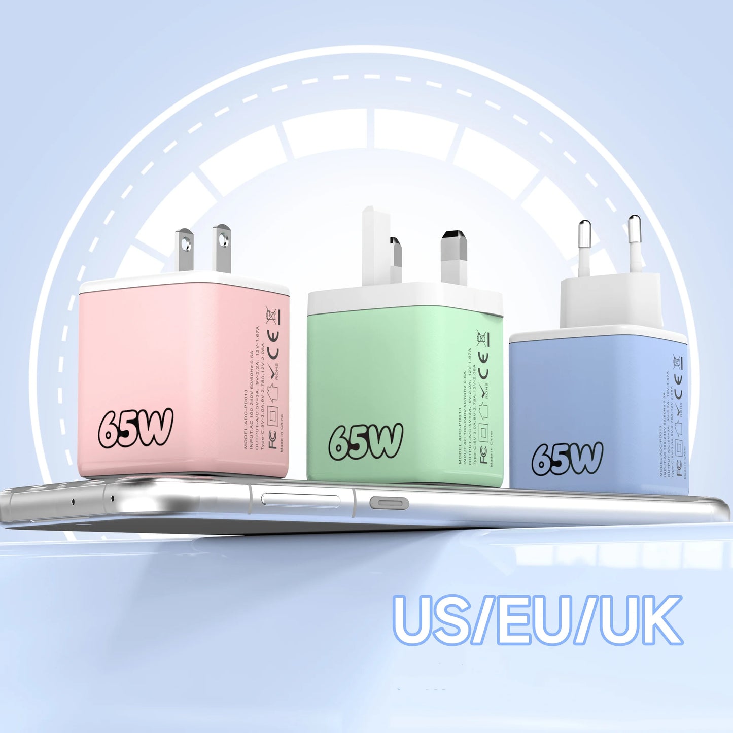 65W 3-in-1 USB-C Fast Wall Charger PD Quick Charge
