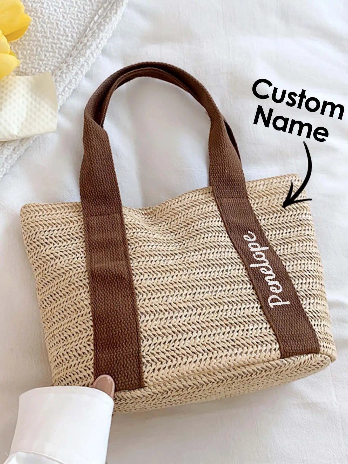 1pc Custom Name Handbag Personalized Tote Bag Woven Shoulder Bag Reusable Grocery Bag Gift for Mom Her Girlfriend Wife Birthday Peaceful Pleasures Health and Wellness