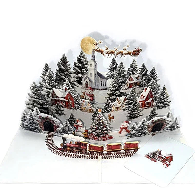 3D Pop-Up Christmas Card – Santa, Reindeer & Snowy Village
