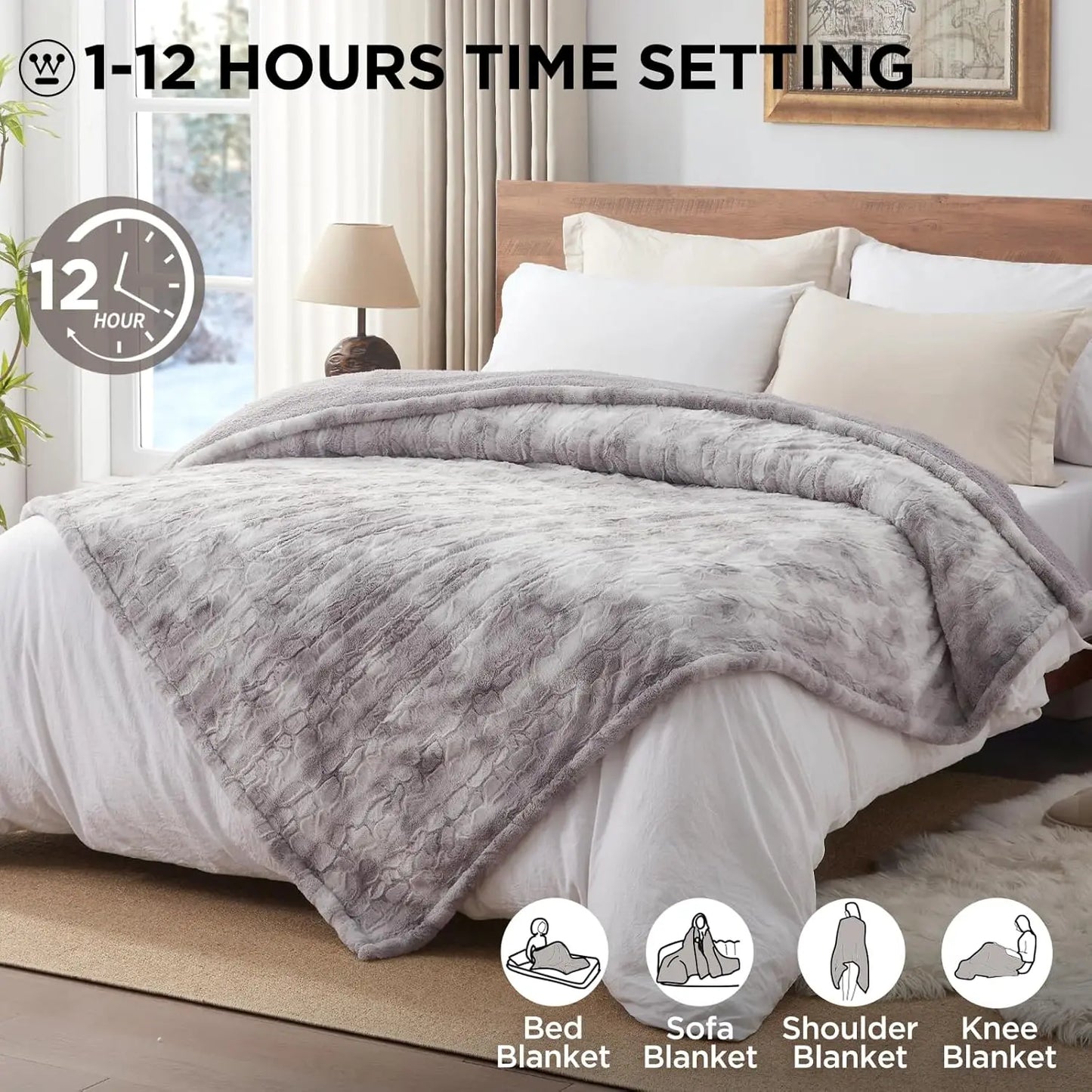 Twin Size Heated Blanket – 10 Heat Levels, Faux Fur & Sherpa, Auto Shutoff, Light Grey (62x84") Electric Blanket Peaceful Pleasures Health and Wellness