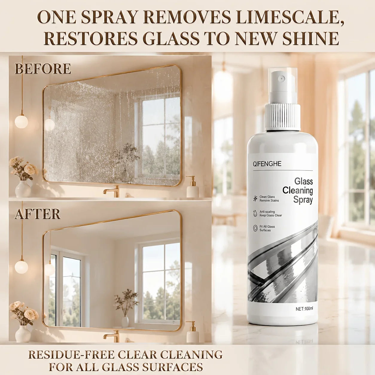 QIFENGHE Glass Cleaner Spray – Mirror, Shower & Tile