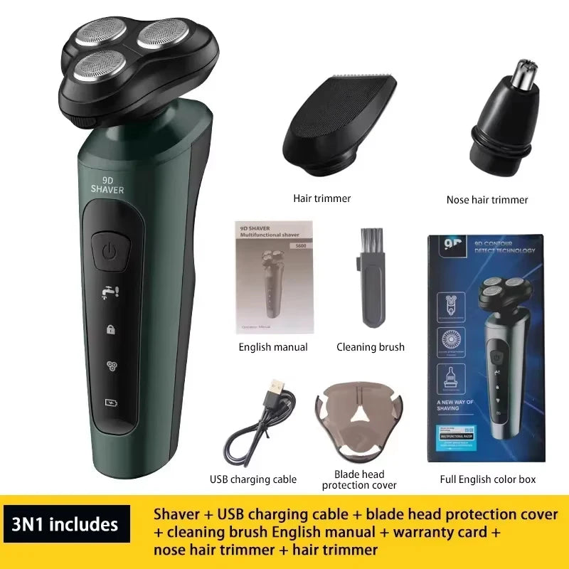 Electric Shaver Waterproof Electric Trimmer Razor Wet And Dry Use Rechargeable Battery Rotary Shavers Machine Shaving For Men Peaceful Pleasures Health and Wellness Green 3in1