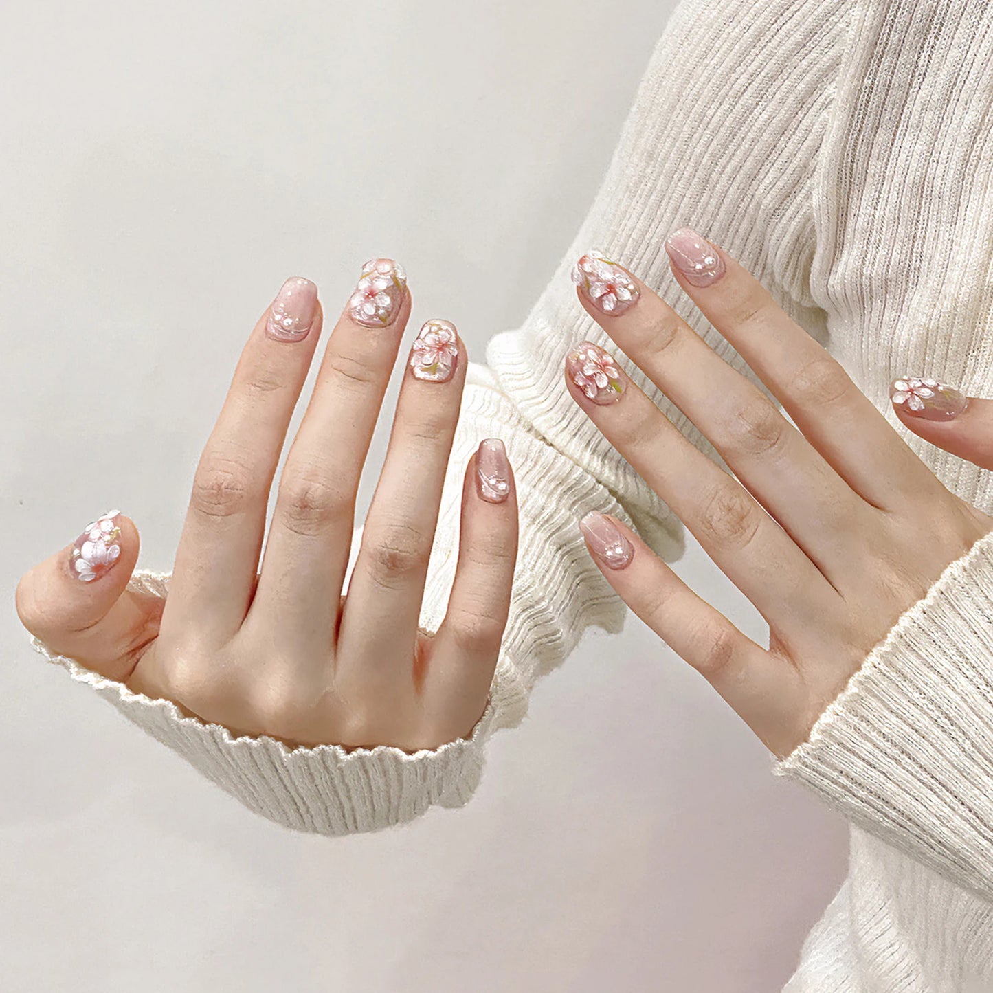 Pink Peach Blossom Press On Nails | Cat Eye Pearl Short Fake Nails