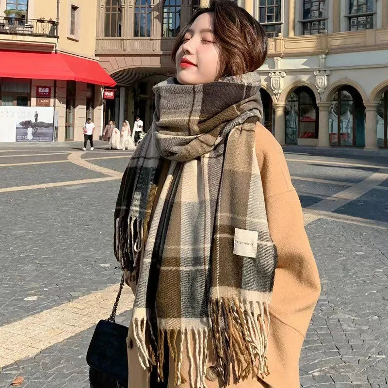 1PC Women's Autumn and Winter New Style, Fresh and Elegant, Imitation Check Pattern Fringe Scarf, Stylish and Versatile, Provide Peaceful Pleasures Health and Wellness