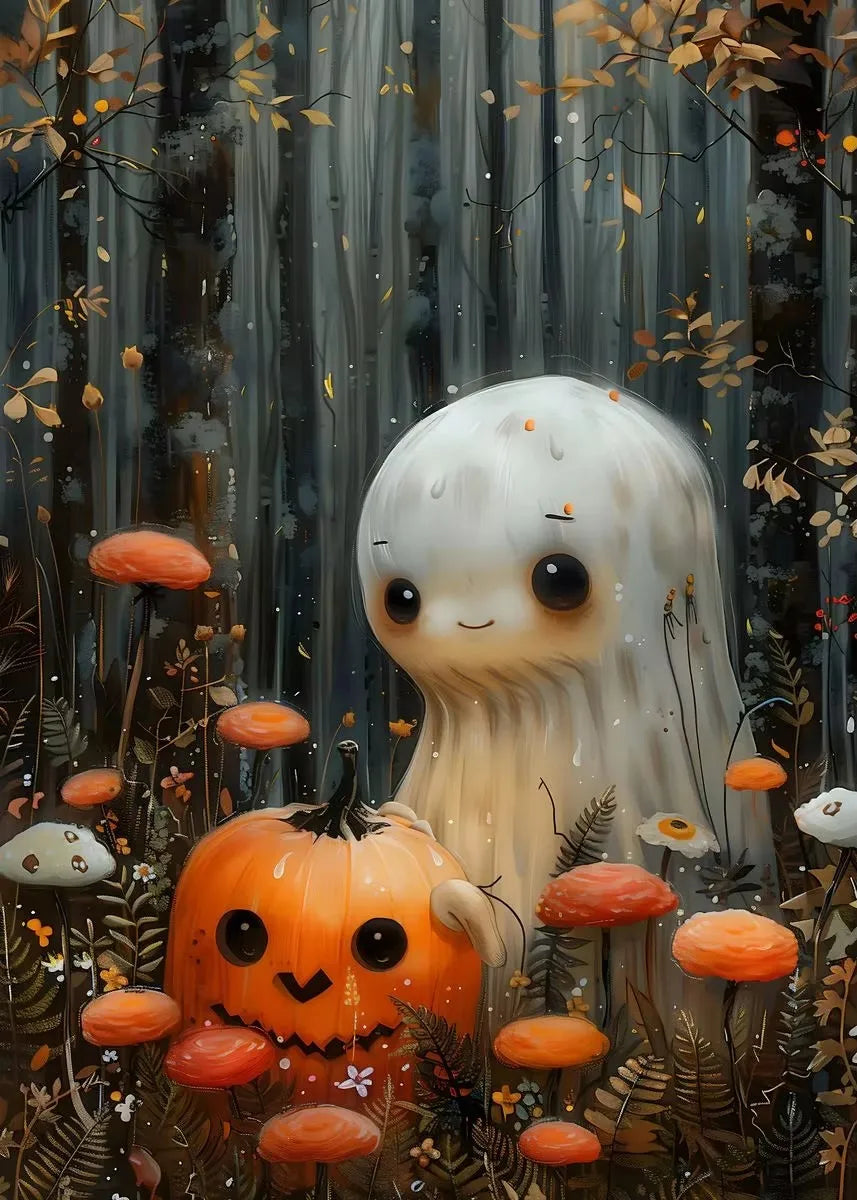 Halloween Ghost & Pumpkin Canvas Wall Art | Dark Academia Poster Canvas Wall Art Peaceful Pleasures Health and Wellness ZLH5364 30x45cm No Frame