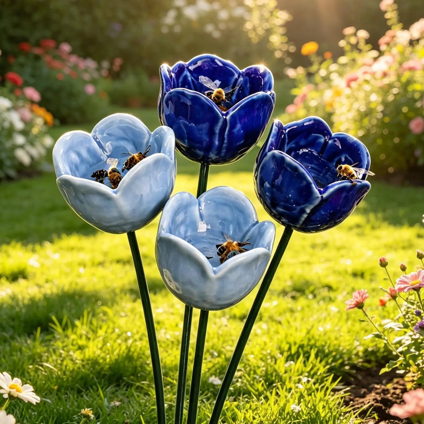 4-Pack Ceramic Flower Bee Watering Station & Butterfly Bath