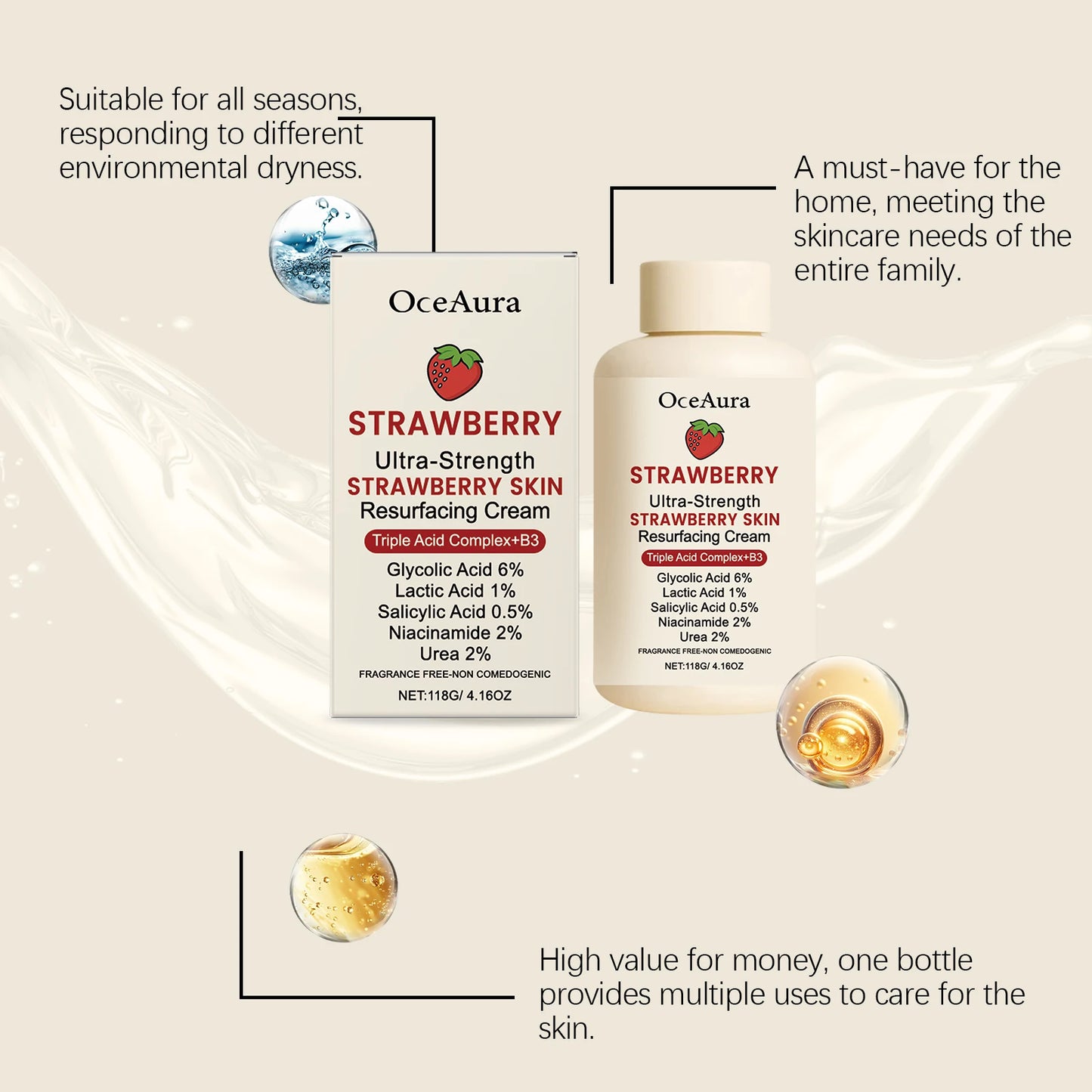 OceAura Strawberry Body Cream | Lightweight Moisturizer 118g