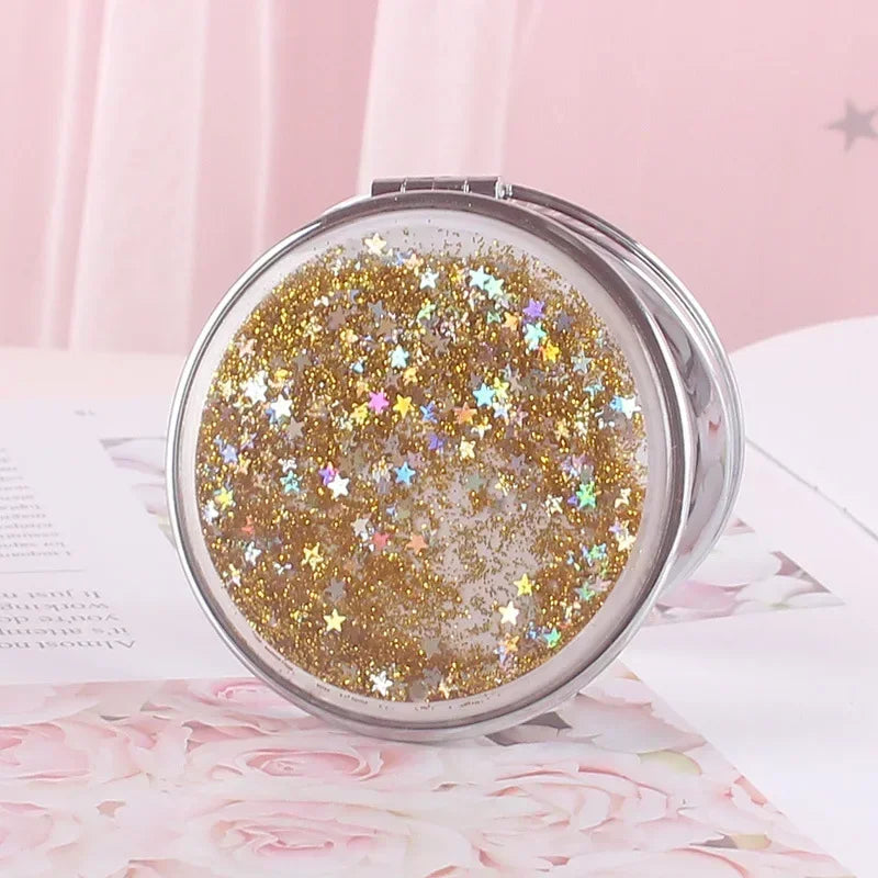 Portable Double-Sided Folding Cosmetic Mirror Female Gifts With Flowing Sparkling Sand Mini Makeup Mirror Compact Pocket Mirrors Peaceful Pleasures Health and Wellness YELLOW