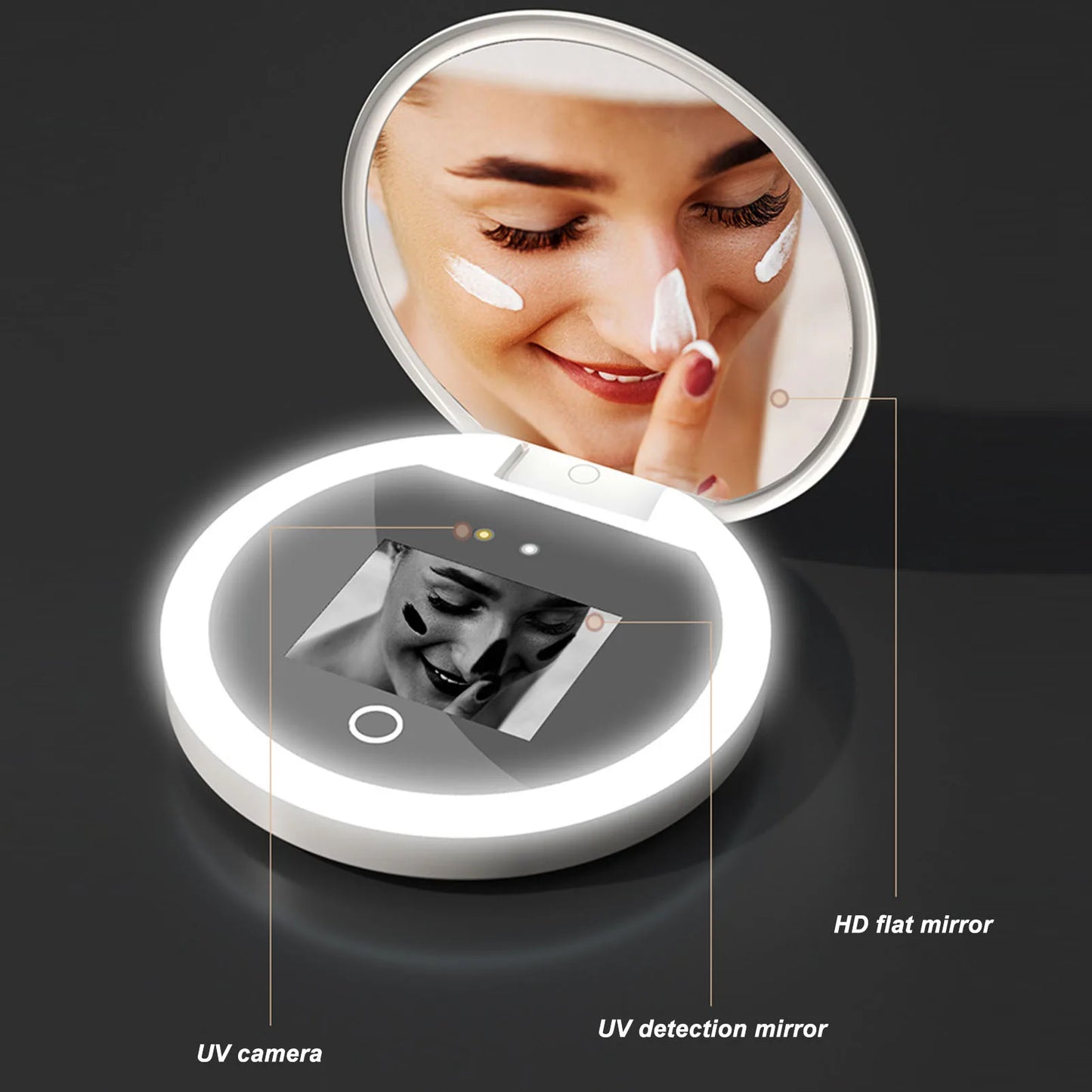 Travel Makeup Mirror UV Sunscreen Testing Camera Light 2X
