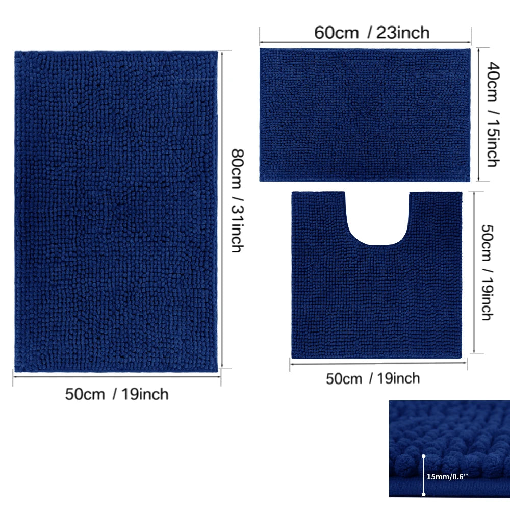 3Pc Sets Bath Mats Non Slip Memory Foam Bathroom Soft Rugs Water Absorption Dry Fast Bath Mat Machine Washable For Home Floor Peaceful Pleasures Health and Wellness 15mm Chenille Blue 3pcs set