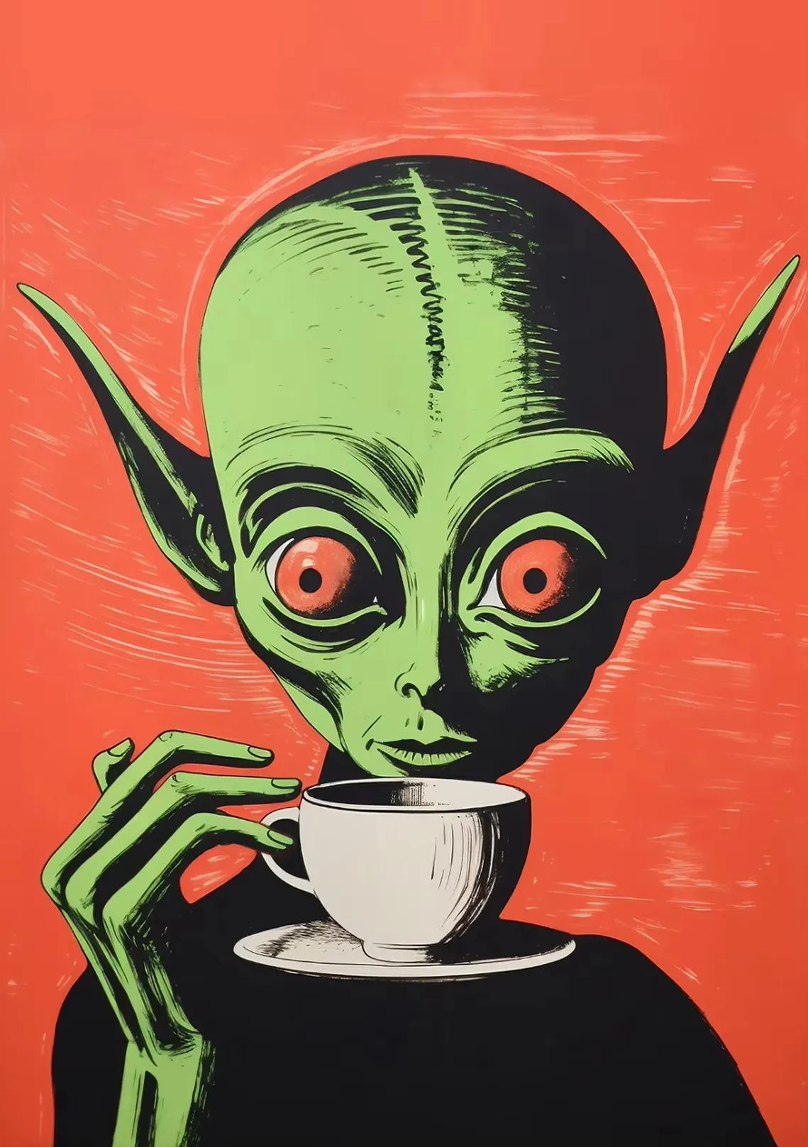 UFO Flying Saucer Alien Drink Coffee Art Print Poster Cow Abduction Canvas Printing Print Retro Sci Fi Wall Art Funny Home Decor Peaceful Pleasures Health and Wellness
