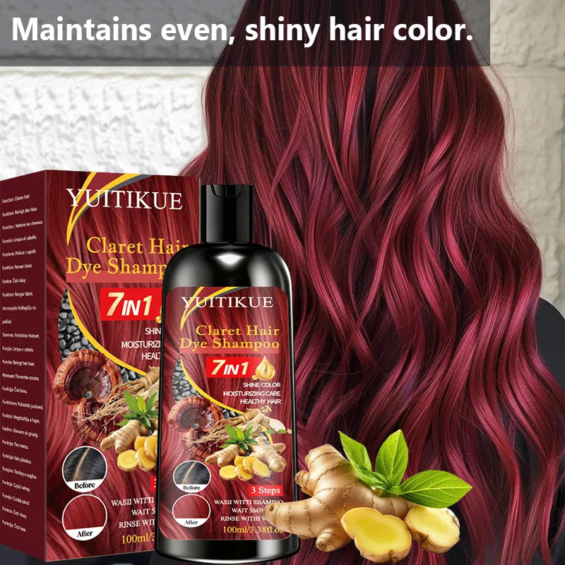 YUITIKUE 7 IN 1 Claret Hair Dye Shampoo Natural Ginger Herbal Moisturizing Long Lasting Hair Color Shampoo 100ml Peaceful Pleasures Health and Wellness