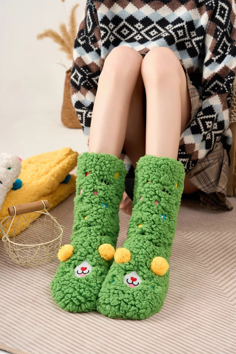 1 Pair Autumn And Winter Plush Floor Socks, Indoor Anti Slip Thick Warm Foot Socks, Family Bedroom Slippers And Sleeping Socks Peaceful Pleasures Health and Wellness green One Size