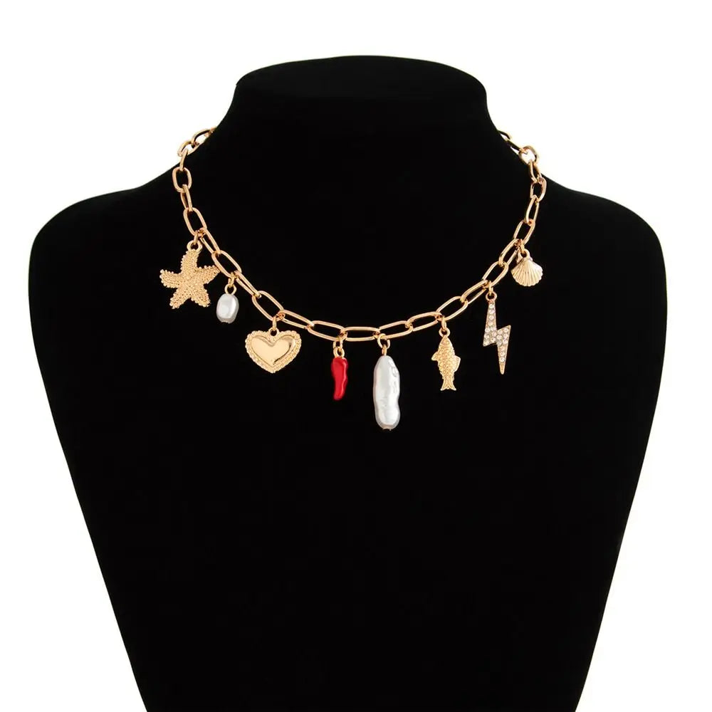 Vintage Enamel Cherry Necklace – Ocean Style Gold Pendant for Women