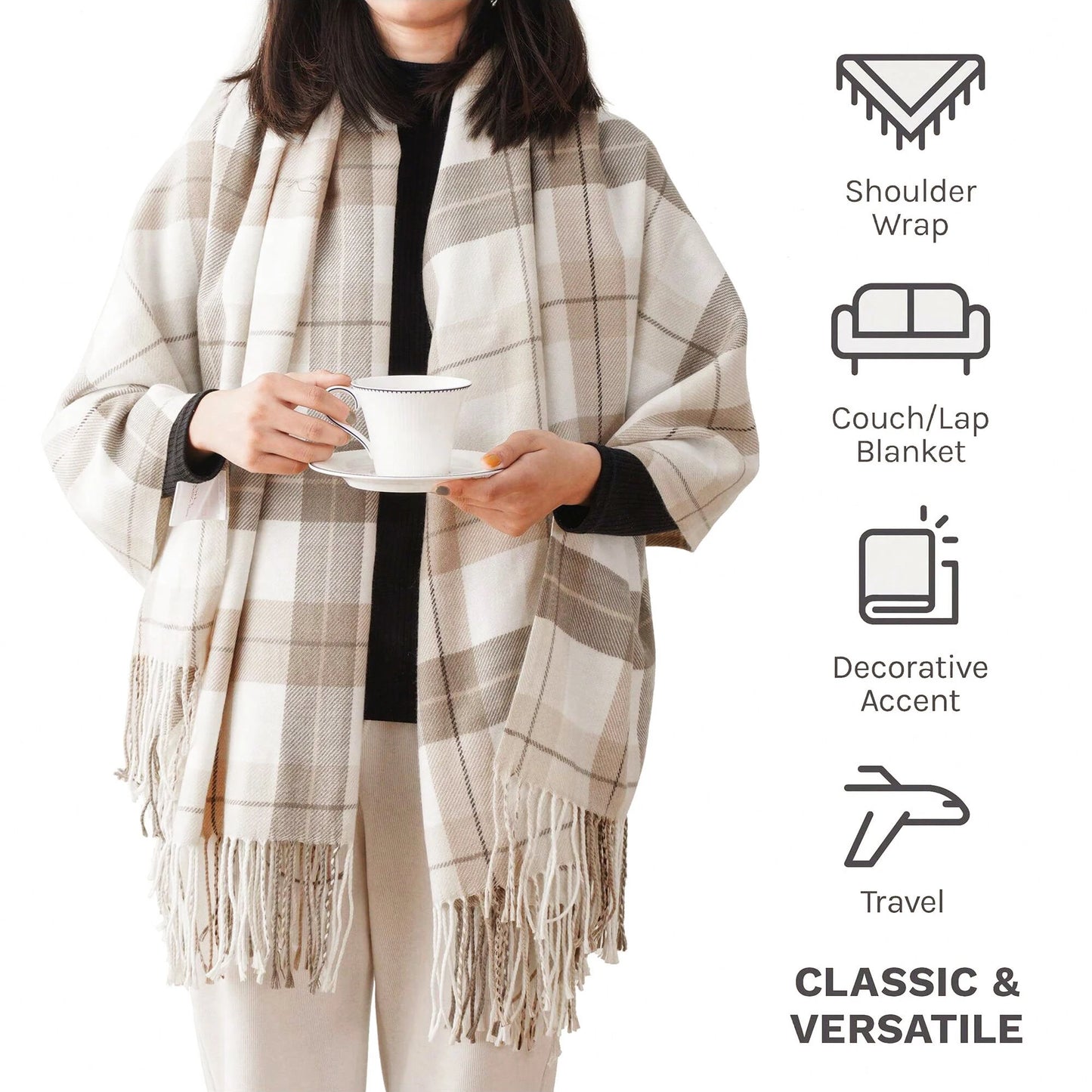 Battilo Plaid Knit Throw Blanket | Beige Tassel Sofa Blanket