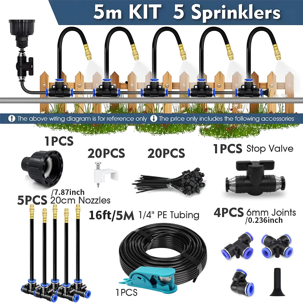 30-5m 1/4" 4/6mm Misting Cooling System 360° Free-bend Adjustable Nozzle Atomizer Sprayer for Outdoor Garden Irrigation Watering Peaceful Pleasures Health and Wellness 5m Kit