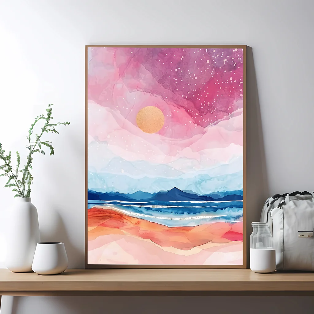 Watercolor Coastal Mountain Canvas Wall Art | Landscape Print Canvas Wall Art Peaceful Pleasures Health and Wellness