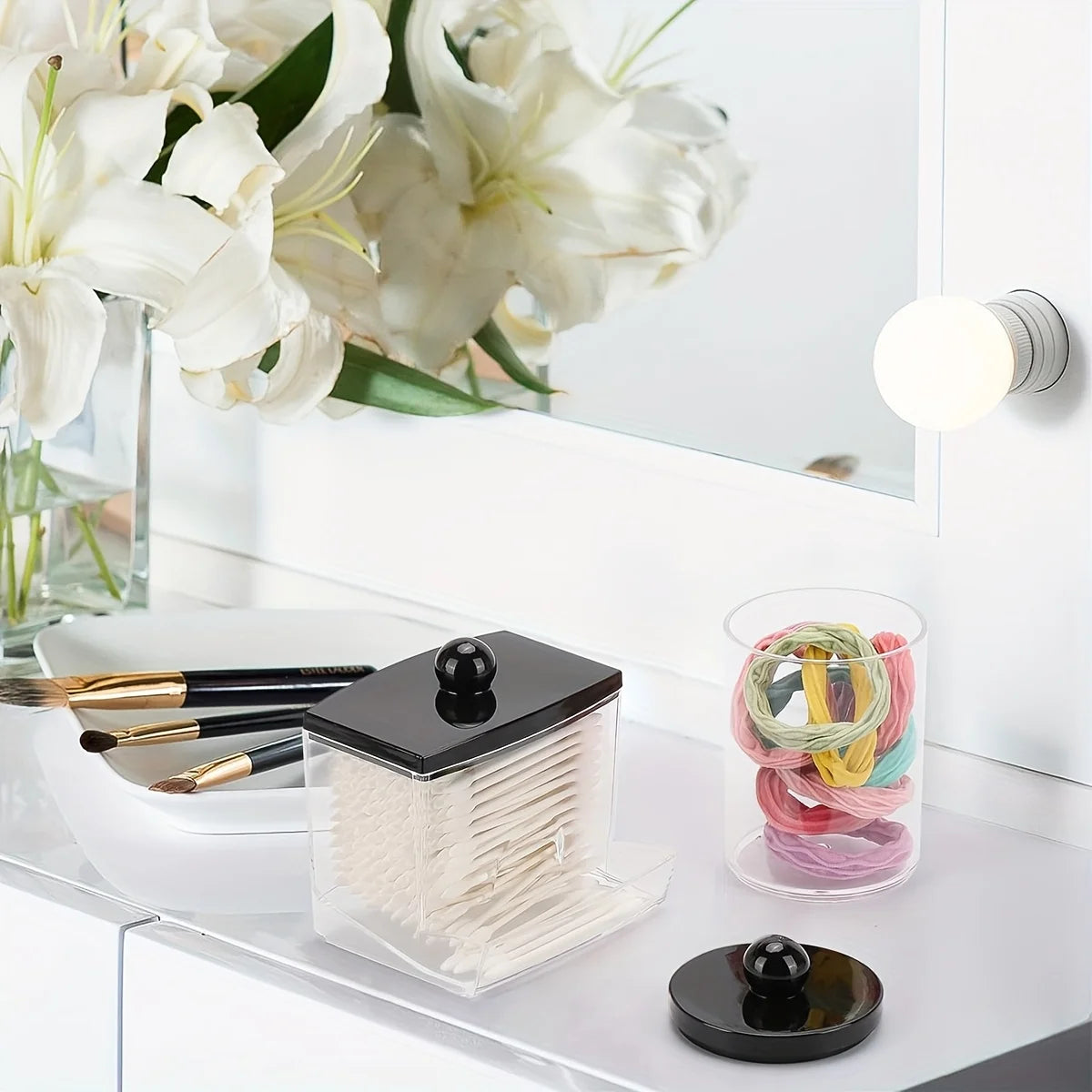 Apothecary Jars with Black Lids – 3 Pack Qtip Holder & Bathroom Storage Containers