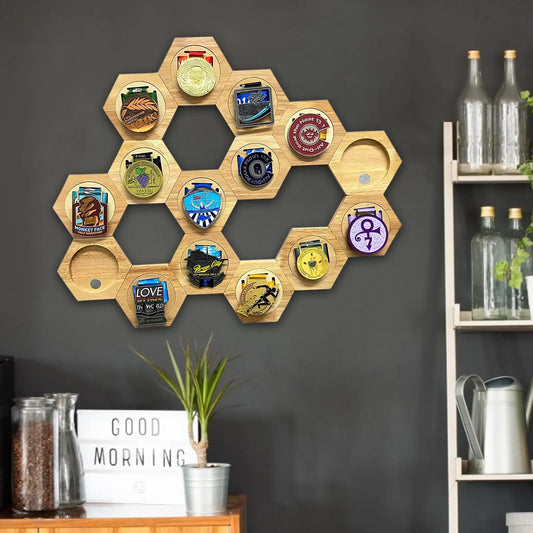 Hexagonal Wooden Medal Display Stand | Honeycomb Wall Rack Medal Display Rack Peaceful Pleasures Health and Wellness Default Title