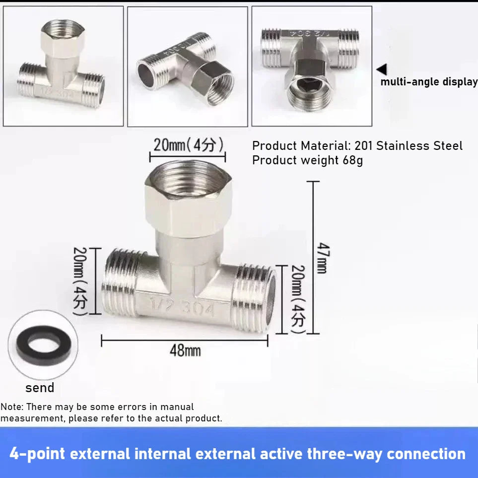 G1/2 Stainless Steel 3-Way T-Adapter Shower Water Splitter Valve