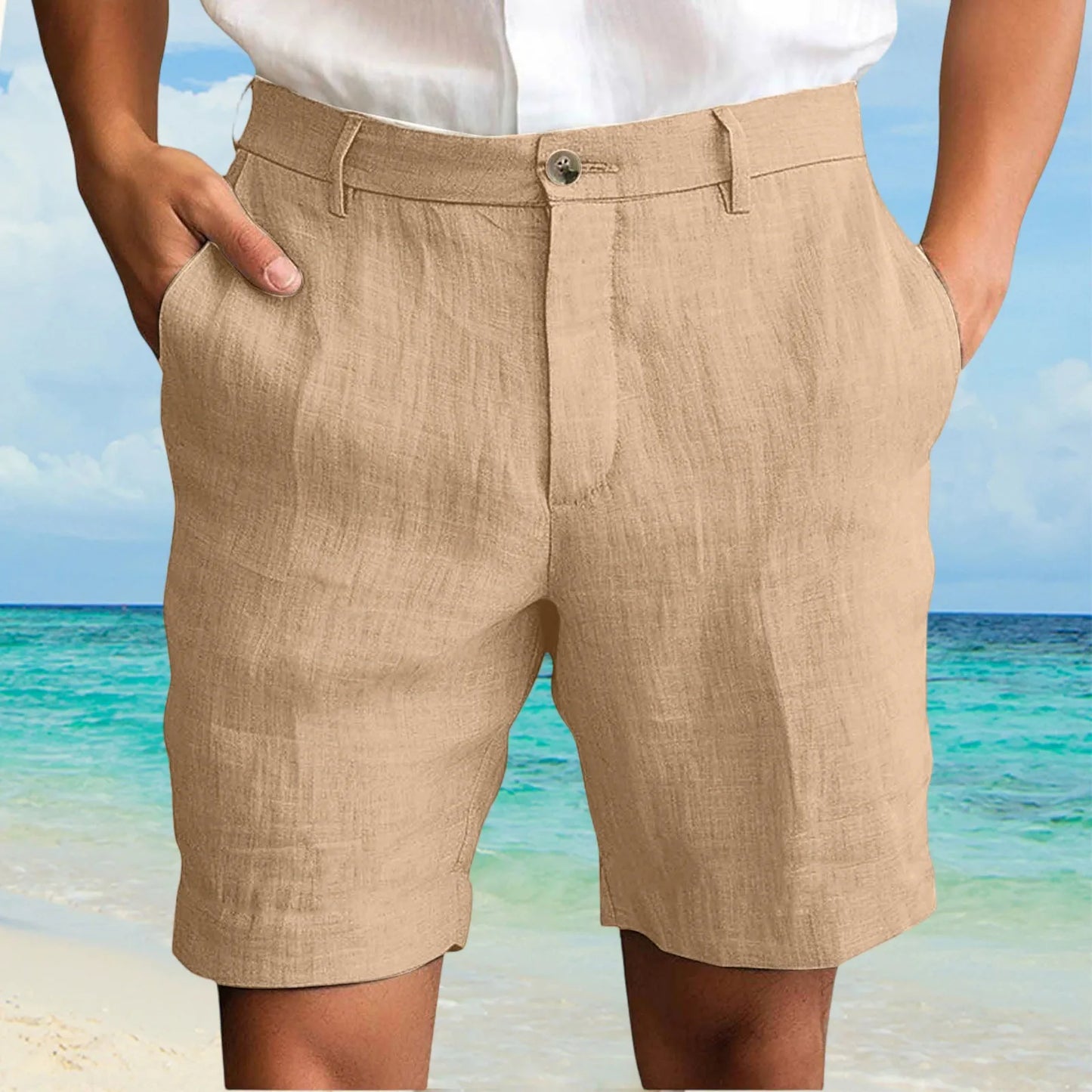 Summer Cotton Linen Shorts for Men Solid Casual Button Pocket Beach Shorts Men's Comfortable Simple Vacation Leiture Pants Peaceful Pleasures Health and Wellness Khaki XL